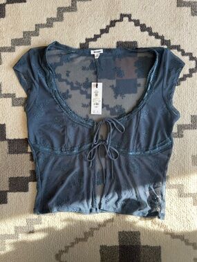 Garage Teal Lace Tie-Front Sheer Crop Top